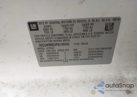 2015 Chevrolet Silverado 1500 2Lt from USA, damaged, VIN 3GCUKREC9FG106843